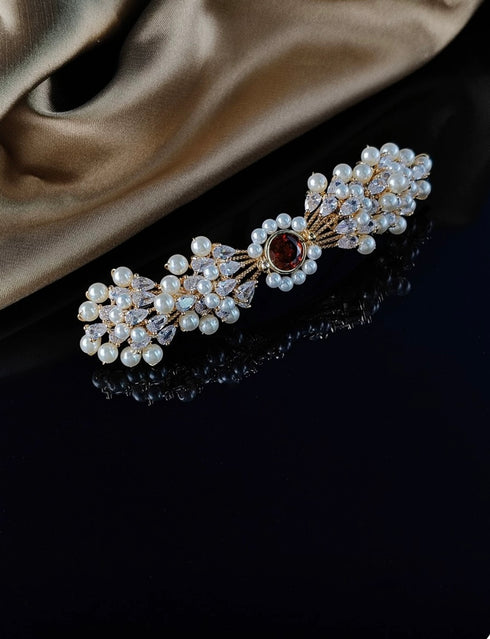 Pearl Hair Barrette Clip with Red Rhinestone - Pearl and Crystal Bridal Hair Clip